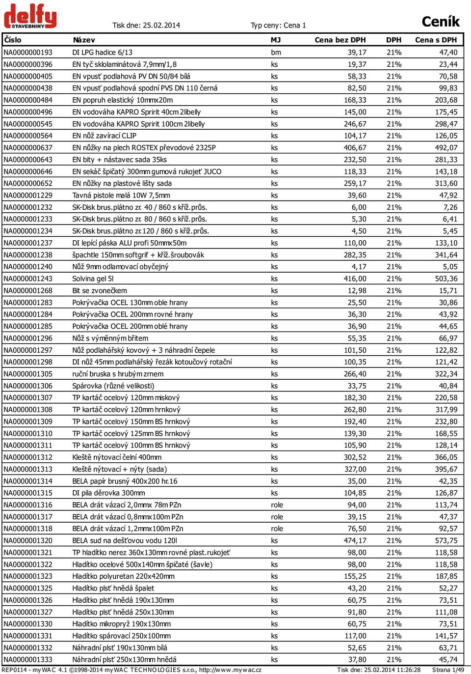 EN vpusť podlahová PV DN 50/84 bílá ks 58,33 21% 70,58 NA0000000438 EN vpusť podlahová spodní PVS DN 110 černá ks 82,50 21% 99,83 NA0000000484 EN popruh elastický 10mmx20m ks 168,33 21% 203,68