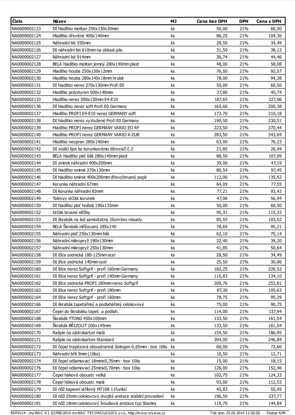 pilu ks 31,50 21% 38,12 NA0000002127 Náhradní list 914mm ks 36,74 21% 44,46 NA0000002128 BELA hladítko molitan jemný 280x140mm plast ks 48,00 21% 58,08 NA0000002129 Hladítko houba 250x130x12mm ks