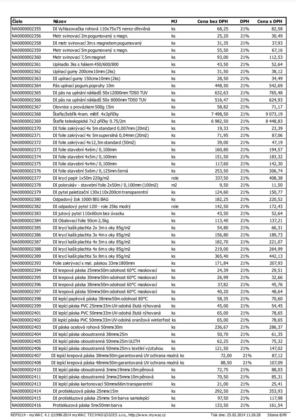 ks 55,50 21% 67,16 NA0000002360 Metr svinovací 7,5m magnet ks 93,00 21% 112,53 NA0000002361 Upínadlo 3ks s hákem 450/600/800 ks 43,50 21% 52,64 NA0000002362 Upínací gumy 200cmx10mm (2ks) ks 31,50 21%