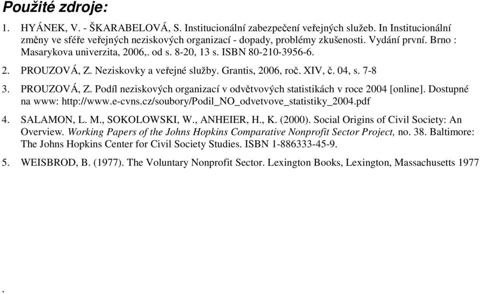 Dostupné na www: http://www.e-cvns.cz/soubory/podil_no_odvetvove_statistiky_2004.pdf 4. SALAMON, L. M., SOKOLOWSKI, W., ANHEIER, H., K. (2000). Social Origins of Civil Society: An Overview.