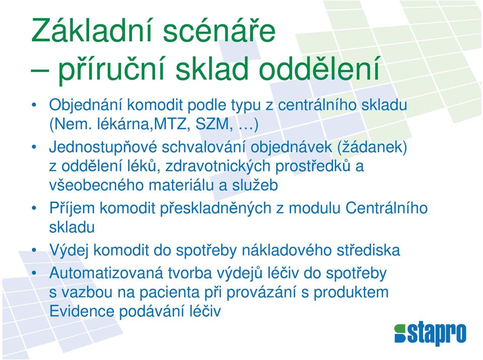 všeobecného materiálu a služeb Příjem komodit přeskladněných z modulu Centrálního skladu Výdej komodit do spotřeby