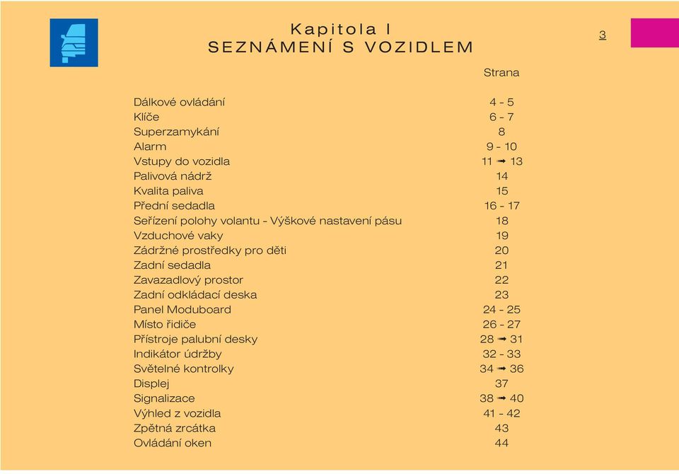 dìti 20 Zadní sedadla 21 Zavazadlový prostor 22 Zadní odkládací deska 23 Panel Moduboard 24-25 Místo øidièe 26-27 Pøístroje palubní desky