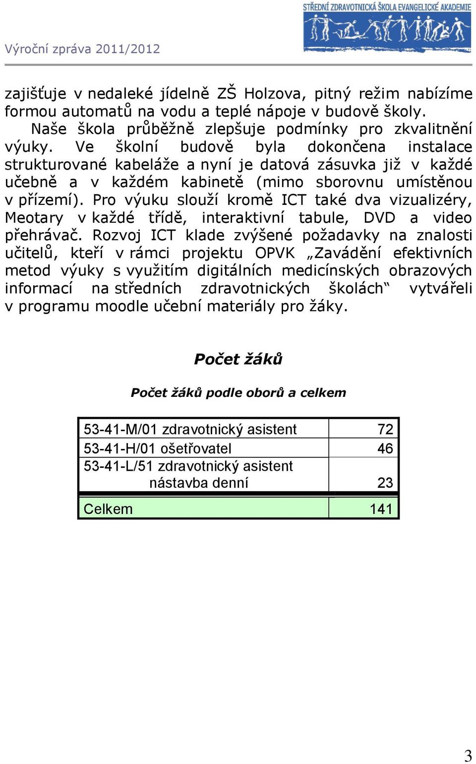 Pro výuku slouží kromě ICT také dva vizualizéry, Meotary v každé třídě, interaktivní tabule, DVD a video přehrávač.