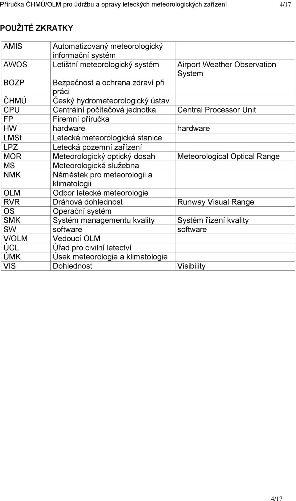 LMSt Letecká meteorologická stanice LPZ Letecká pozemní zařízení MOR Meteorologický optický dosah Meteorological Optical Range MS Meteorologická služebna NMK Náměstek pro meteorologii a klimatologii