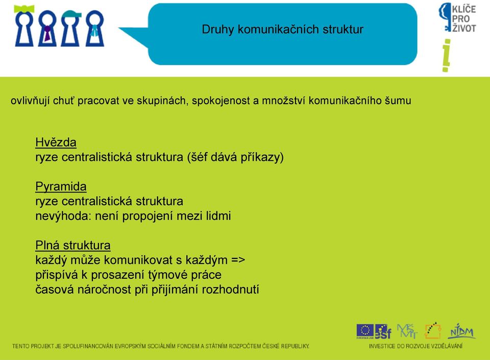 centralistická struktura nevýhoda: není propojení mezi lidmi Plná struktura každý může