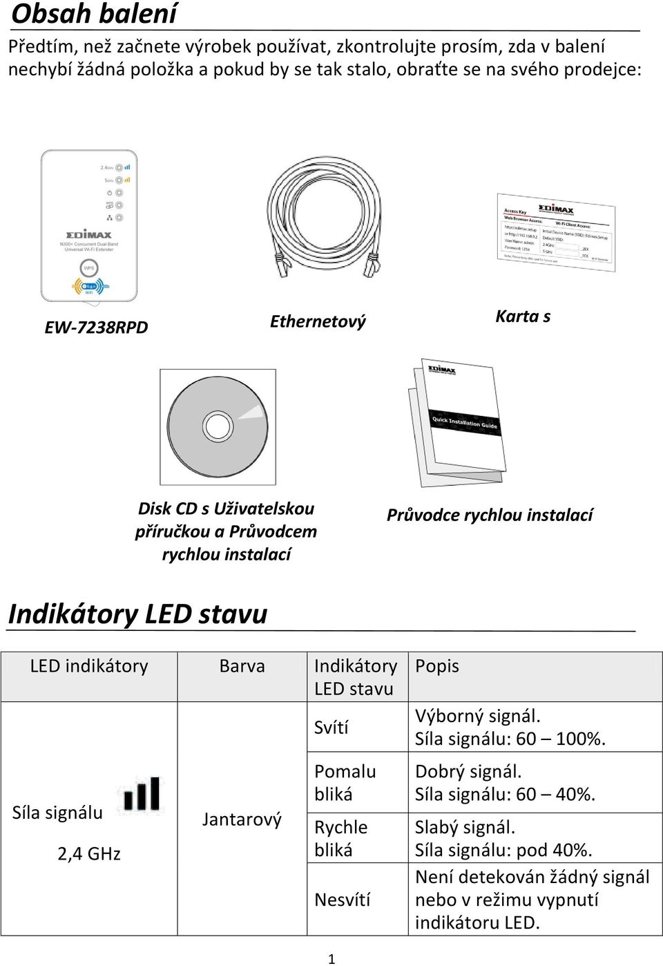 Indikátory LED stavu LED indikátory Barva Indikátory LED stavu Síla signálu 2,4 GHz Jantarový Svítí Pomalu bliká Rychle bliká Nesvítí Popis Výborný signál.