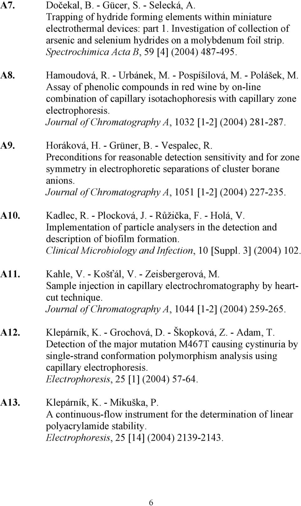Assay of phenolic compounds in red wine by on-line combination of capillary isotachophoresis with capillary zone electrophoresis. Journal of Chromatography A, 1032 [1-2] (2004) 281-287. A9.