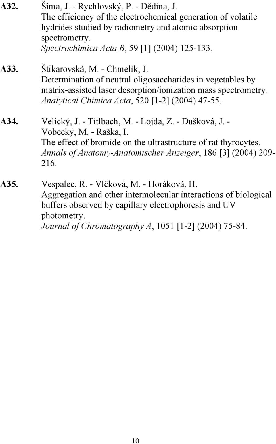 Determination of neutral oligosaccharides in vegetables by matrix-assisted laser desorption/ionization mass spectrometry. Analytical Chimica Acta, 520 [1-2] (2004) 47-55. A34. Velický, J.