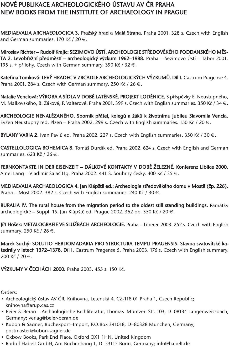 Levobřežní předměstí archeologický výzkum 1962 1988. Praha Sezimovo Ústí Tábor 2001. 195 s. + přílohy. Czech with German summary. 390 Kč / 32.