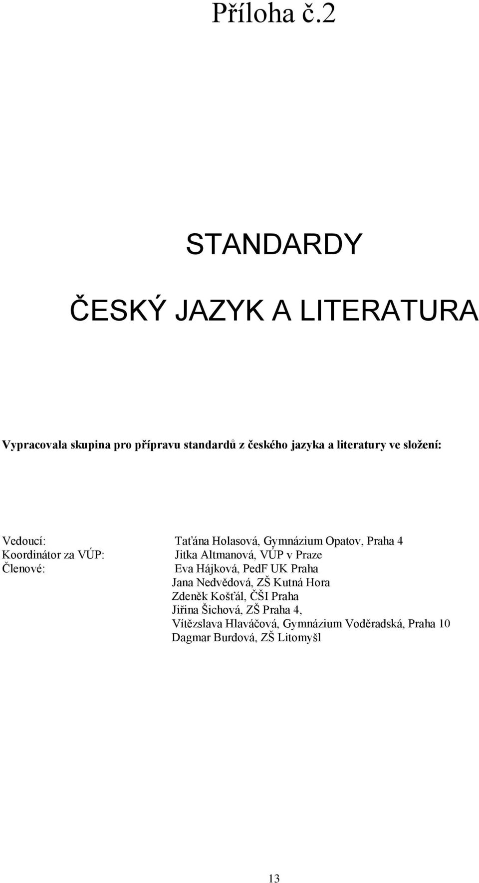 literatury ve složení: Vedoucí: Taťána Holasová, Gymnázium Opatov, Praha 4 Koordinátor za VÚP: Jitka