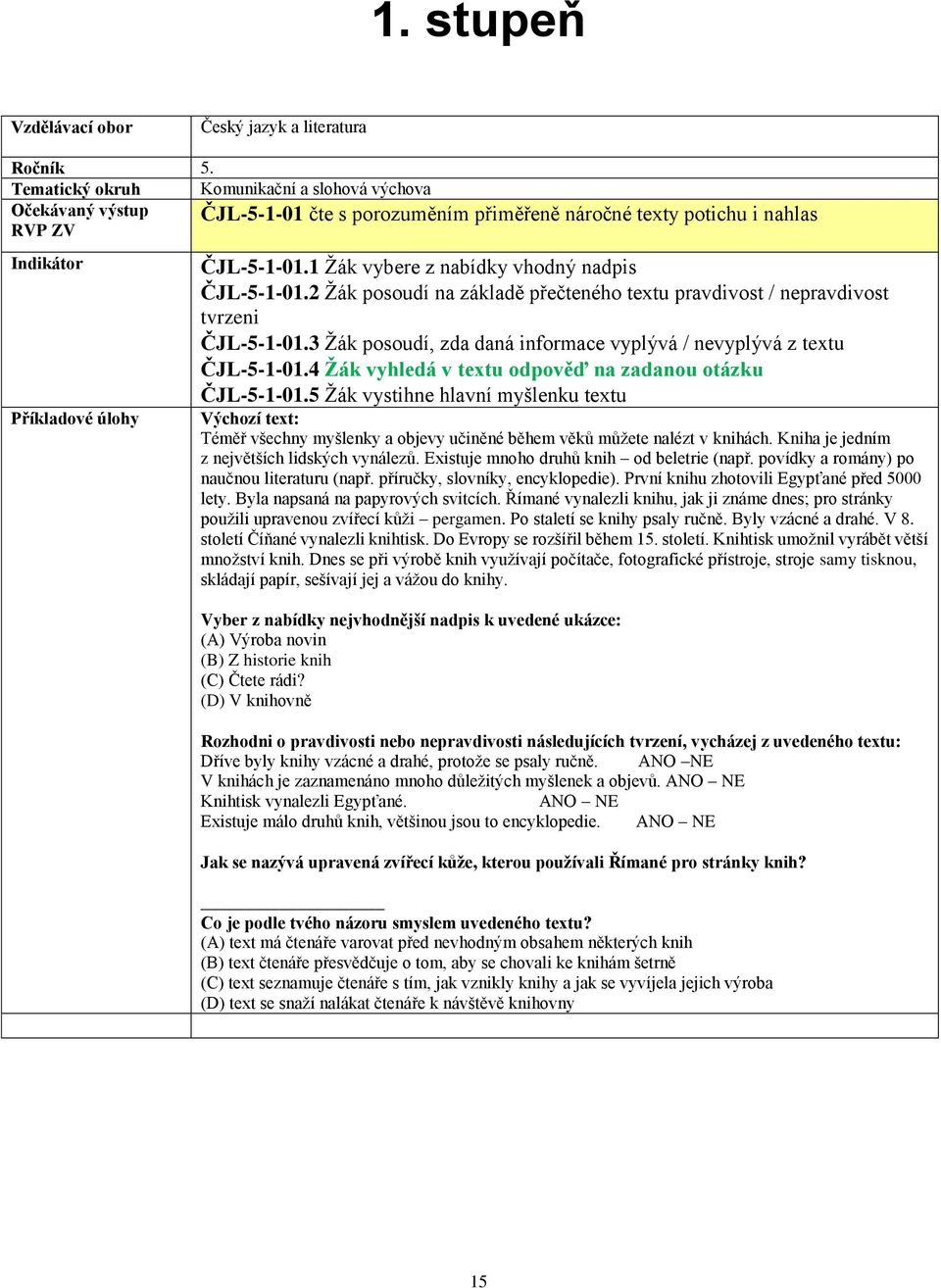 1 Žák vybere z nabídky vhodný nadpis ČJL-5-1-01.2 Žák posoudí na základě přečteného textu pravdivost / nepravdivost tvrzeni ČJL-5-1-01.