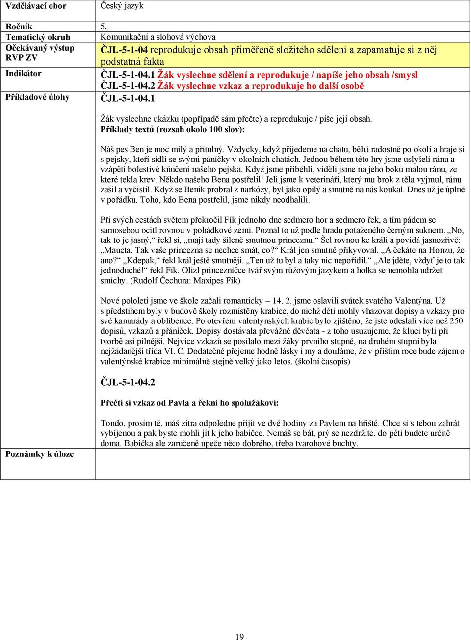 1 Žák vyslechne sdělení a reprodukuje / napíše jeho obsah /smysl ČJL-5-1-04.2 Žák vyslechne vzkaz a reprodukuje ho další osobě ČJL-5-1-04.