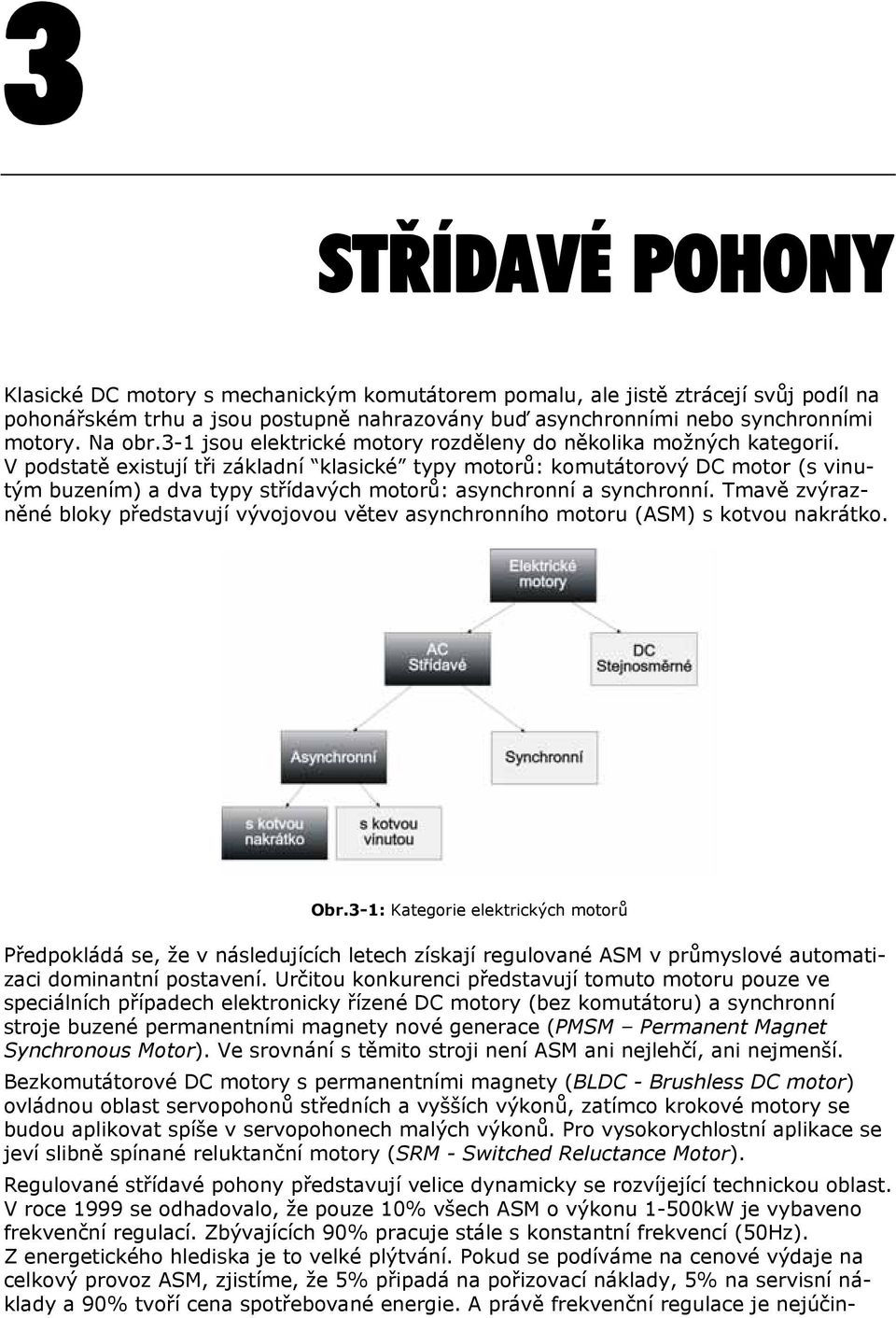 V podstatě existují tři základní klasické typy motorů: komutátorový DC motor (s vinutým buzením) a dva typy střídavých motorů: asynchronní a synchronní.