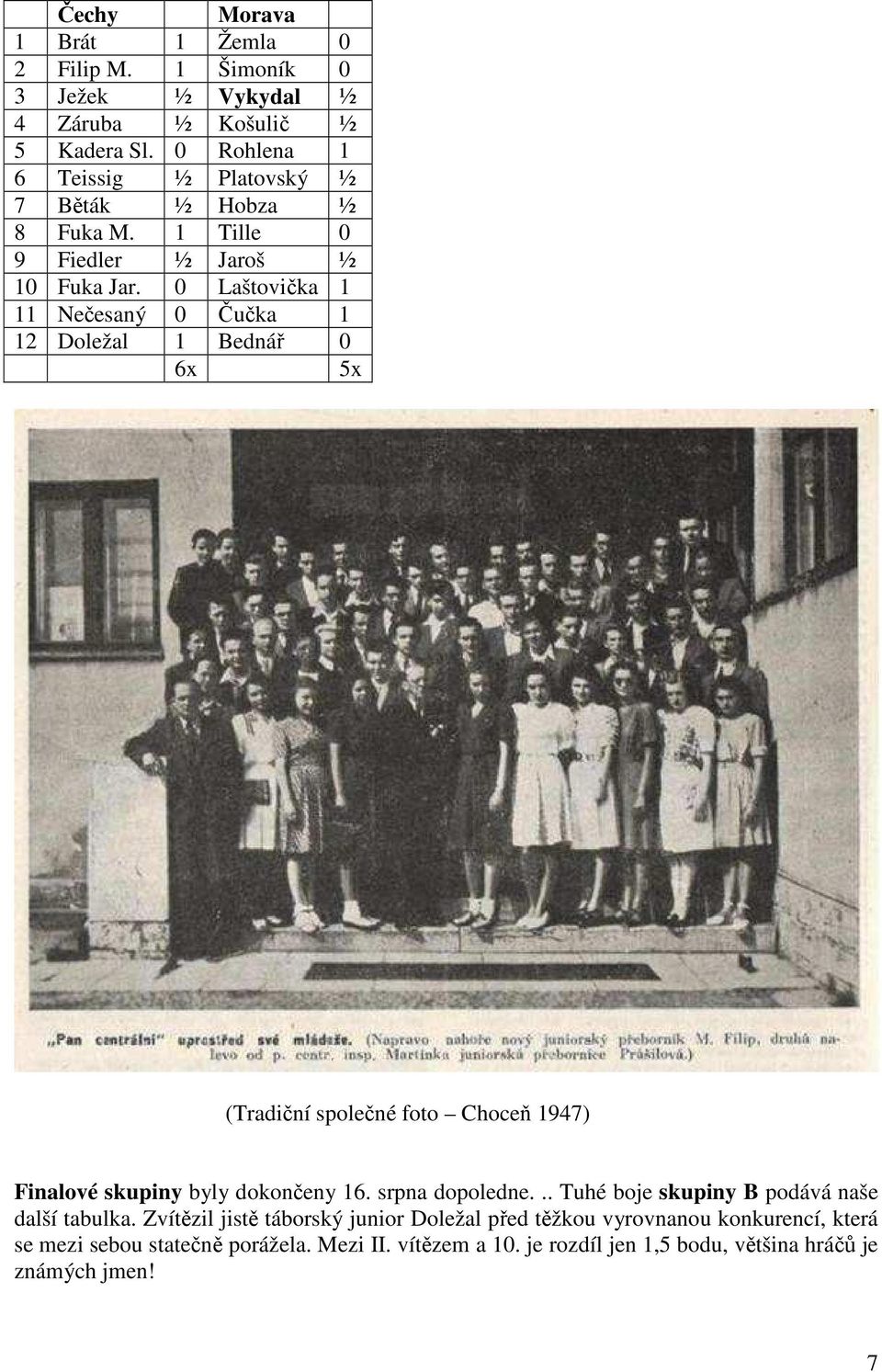 0 Laštovička 1 11 Nečesaný 0 Čučka 1 12 Doležal 1 Bednář 0 6x 5x (Tradiční společné foto Choceň 1947) Finalové skupiny byly dokončeny 16.