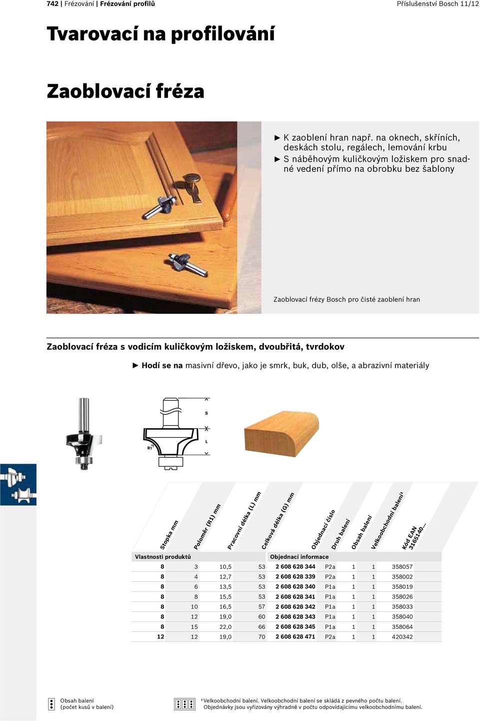 fréza s vodicím kuličkovým ložiskem, dvoubřitá, tvrdokov Hodí se na masivní dřevo, jako je smrk, buk, dub, olše, a abrazivní materiály Poloměr (R1) mm 8 3 10,5 53 2 608 628 344 P2a 1 1 358057 8 4
