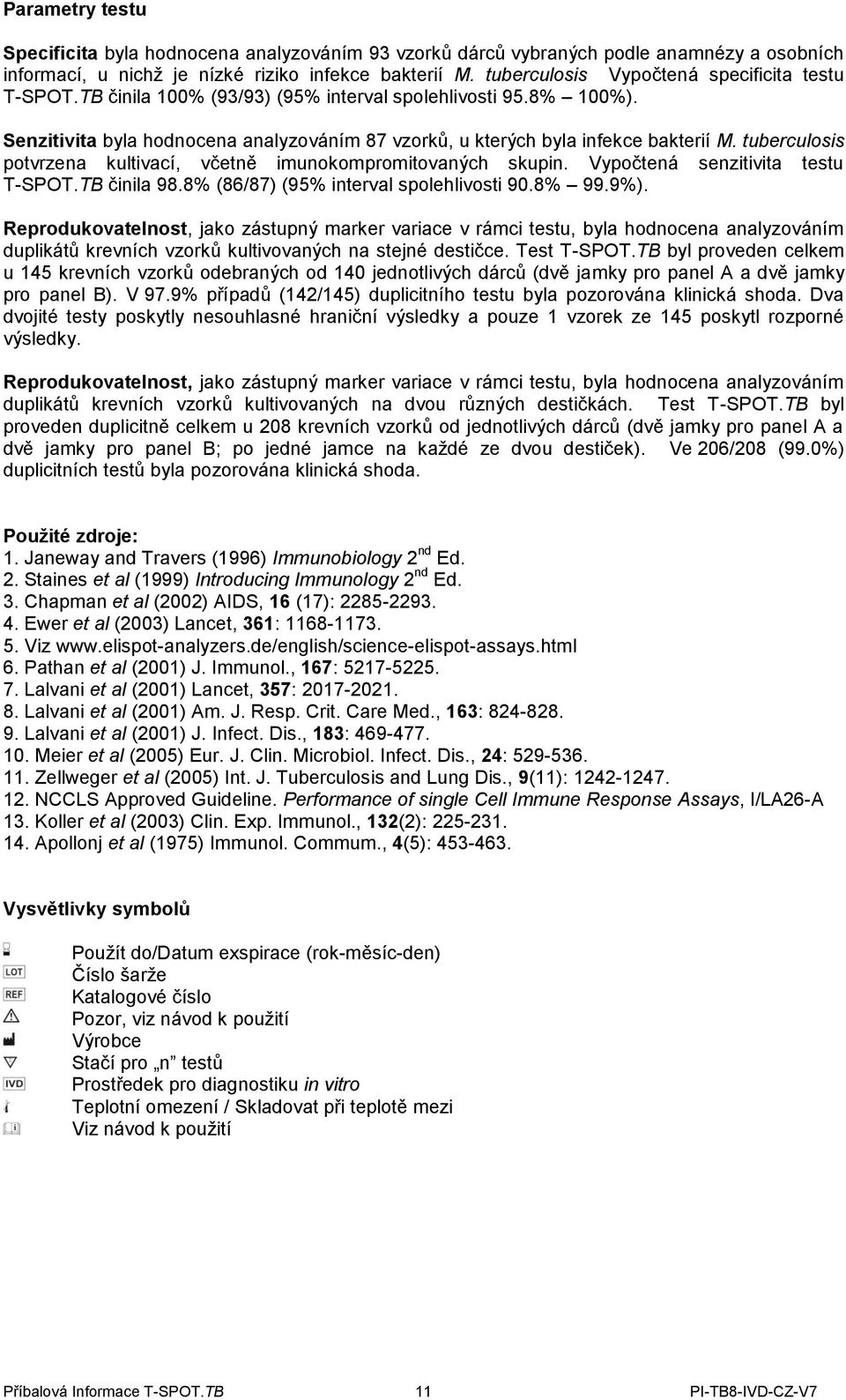 tuberculosis potvrzena kultivací, včetně imunokompromitovaných skupin. Vypočtená senzitivita testu T-SPOT.TB činila 98.8% (86/87) (95% interval spolehlivosti 90.8% 99.9%).