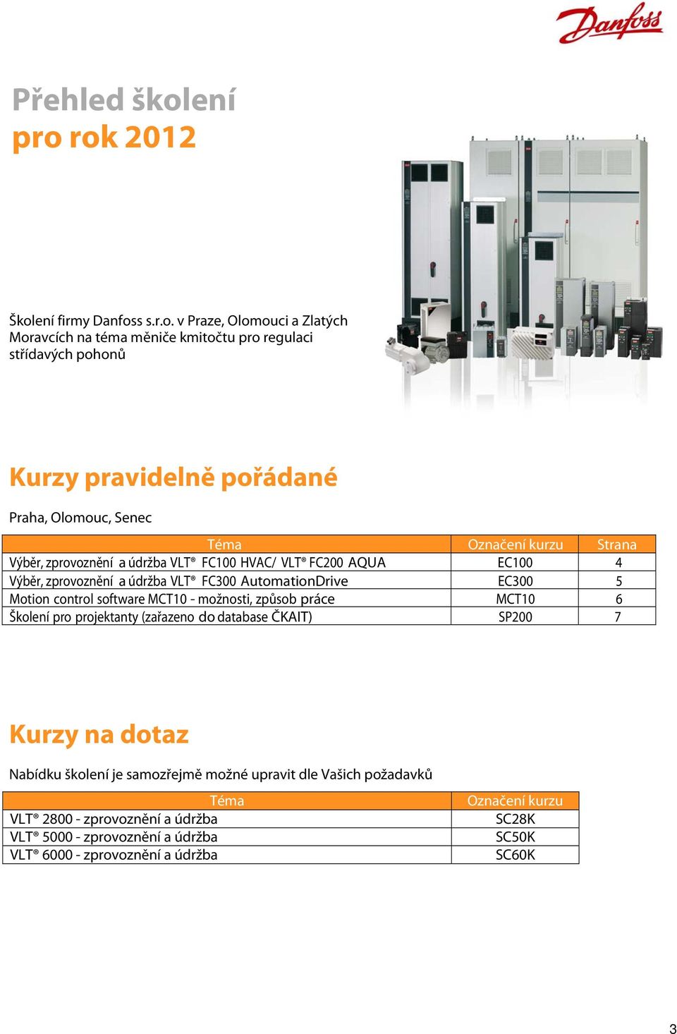 rok 2012 Školení firmy Danfoss s.r.o. v Praze, Olomouci a Zlatých Moravcích na téma měniče kmitočtu pro regulaci střídavých pohonů Kurzy pravidelně pořádané Praha, Olomouc,