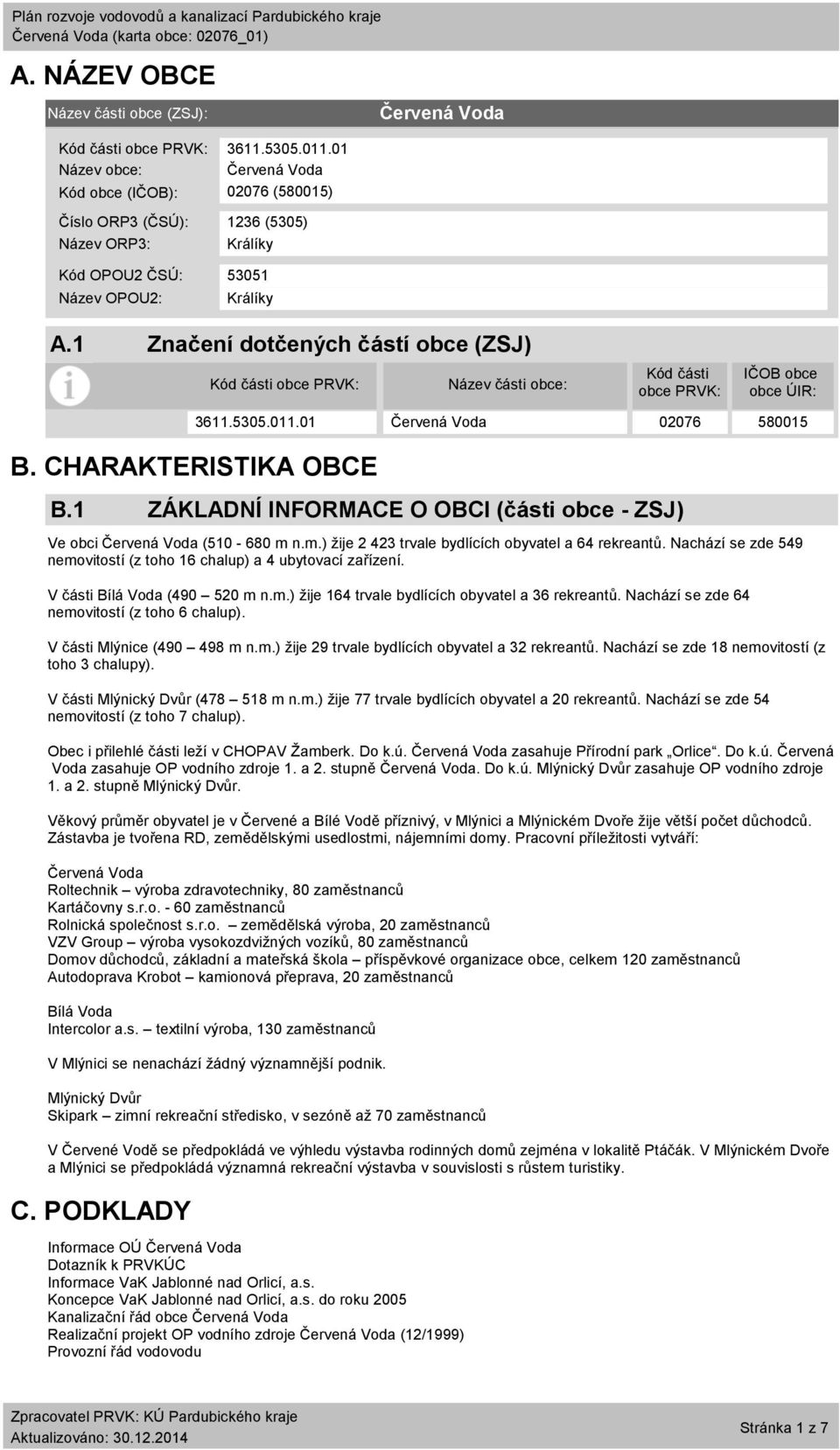 1 Značení dotčených částí obce (ZSJ) Kód části obce PRVK: Název části obce: Kód části obce PRVK: IČOB obce obce ÚIR: B. CHARAKTERISTIKA OBCE B.