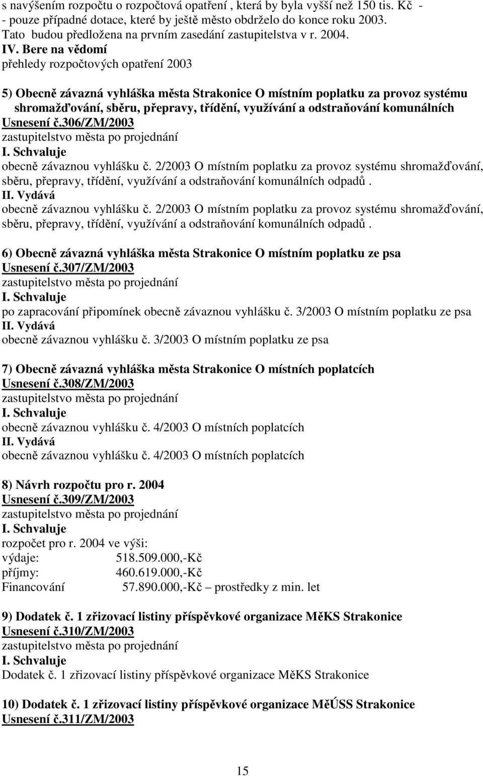 Bere na vědomí přehledy rozpočtových opatření 2003 5) Obecně závazná vyhláška města Strakonice O místním poplatku za provoz systému shromažďování, sběru, přepravy, třídění, využívání a odstraňování