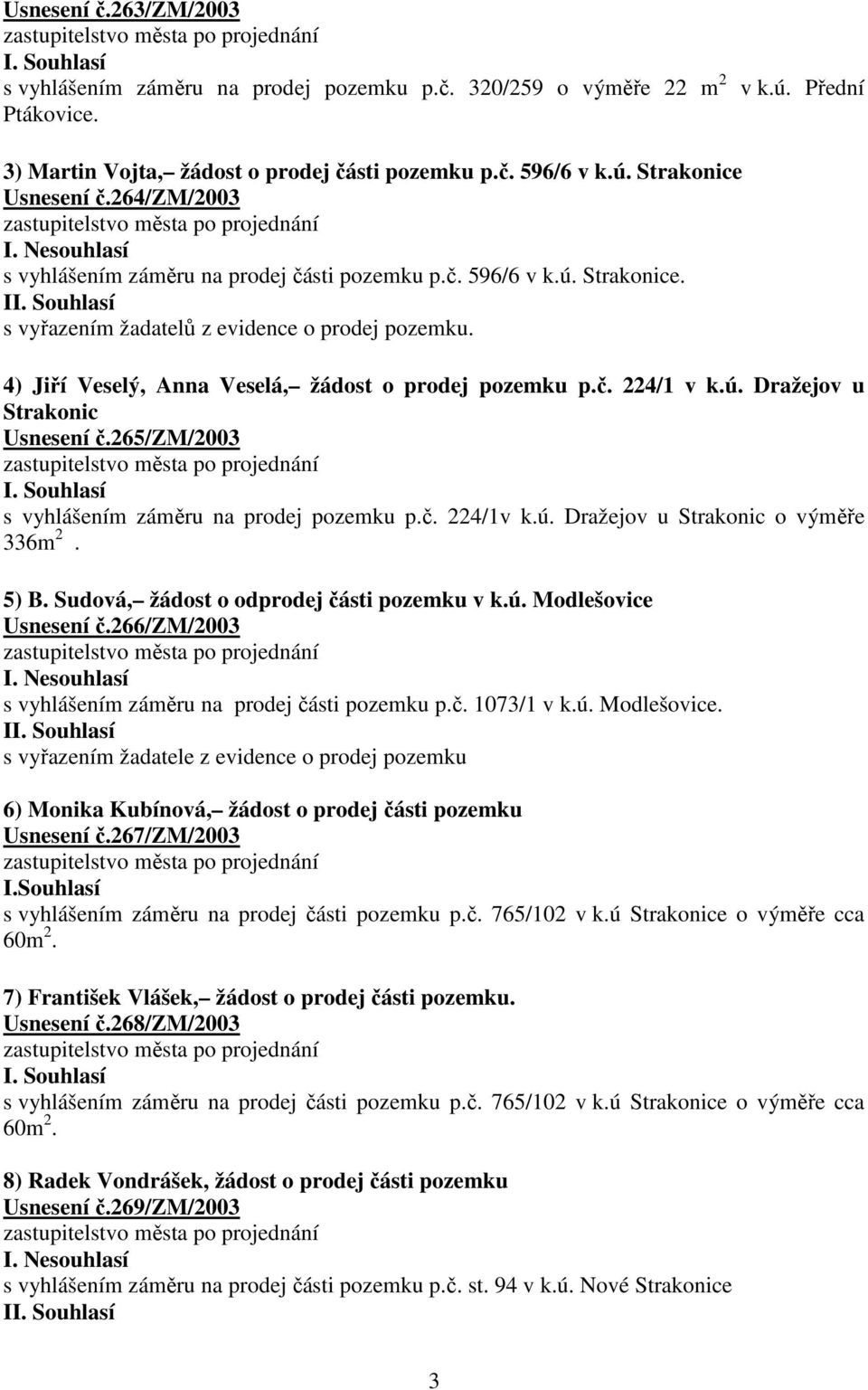 4) Jiří Veselý, Anna Veselá, žádost o prodej pozemku p.č. 224/1 v k.ú. Dražejov u Strakonic Usnesení č.265/zm/2003 s vyhlášením záměru na prodej pozemku p.č. 224/1v k.ú. Dražejov u Strakonic o výměře 336m 2.