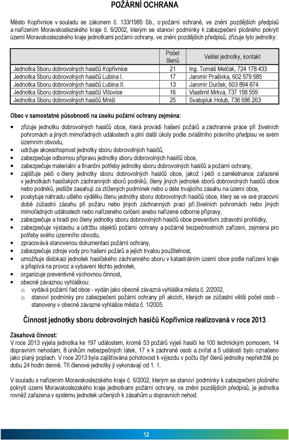 jednotky, kontakt Jednotka Sboru dobrovolných hasičů Kopřivnice 21 Ing. Tomáš Melčák, 724 178 433 Jednotka Sboru dobrovolných hasičů Lubina I.