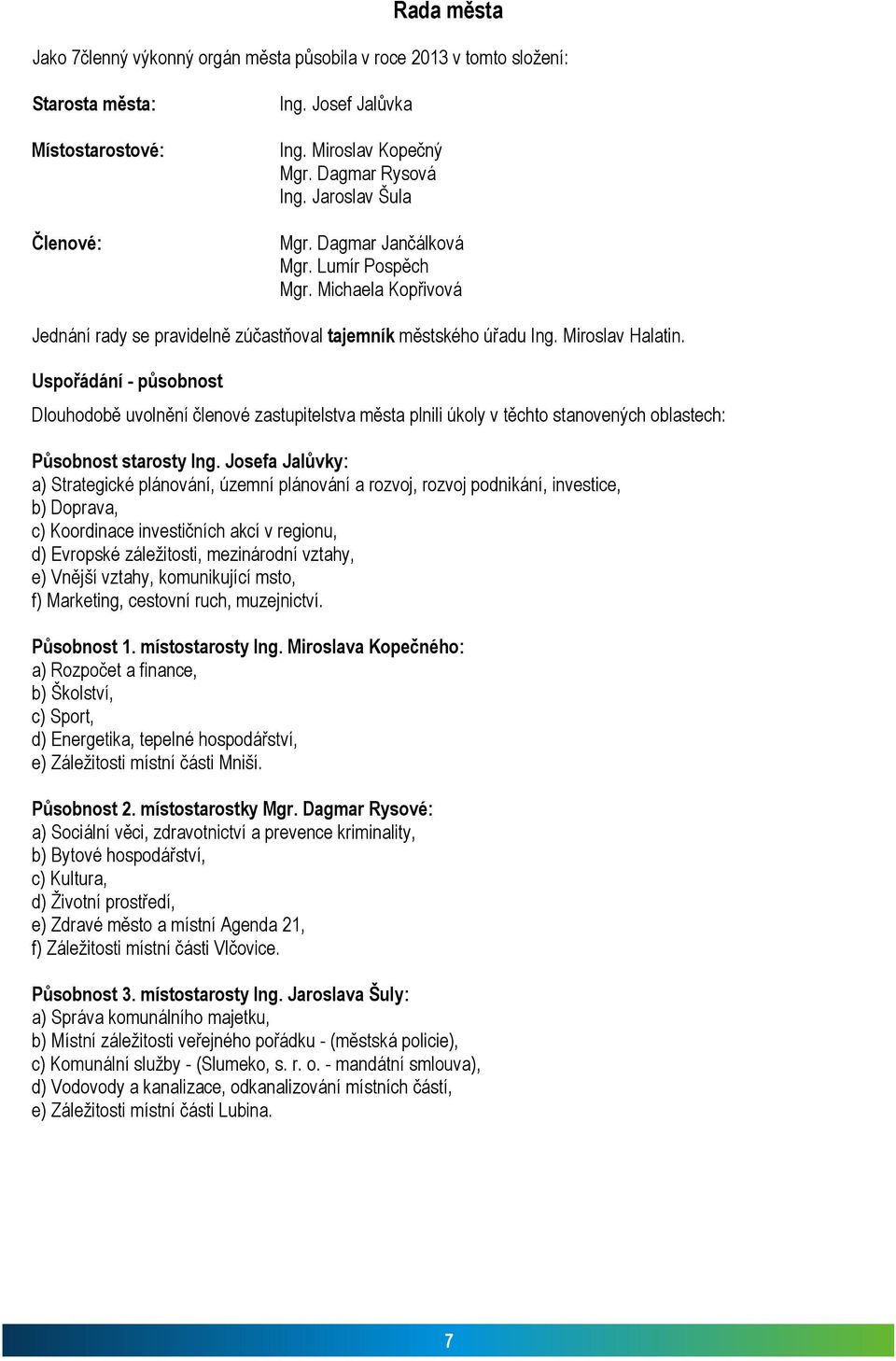 Uspořádání - působnost Dlouhodobě uvolnění členové zastupitelstva města plnili úkoly v těchto stanovených oblastech: Působnost starosty Ing.