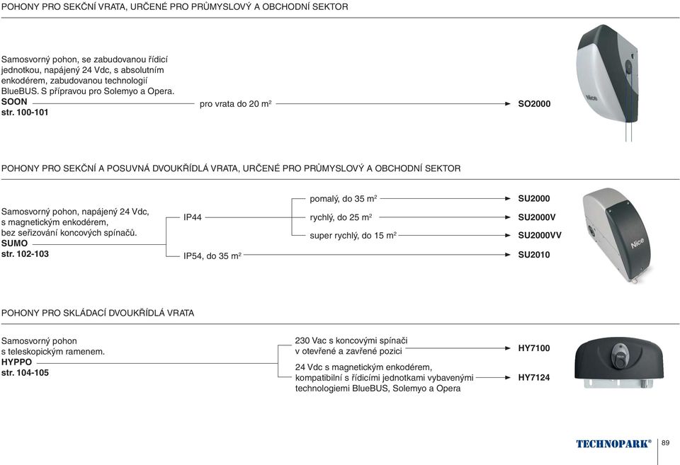 00-0 pro vrata do 20 m 2 SO2000 POHONY PRO SEKČNÍ A POSUVNÁ DVOUKŘÍDLÁ VRATA, URČENÉ PRO PRŮMYSLOVÝ A OBCHODNÍ SEKTOR Samosvorný pohon, napájený 24 Vdc, s magnetickým enkodérem, bez seřizování