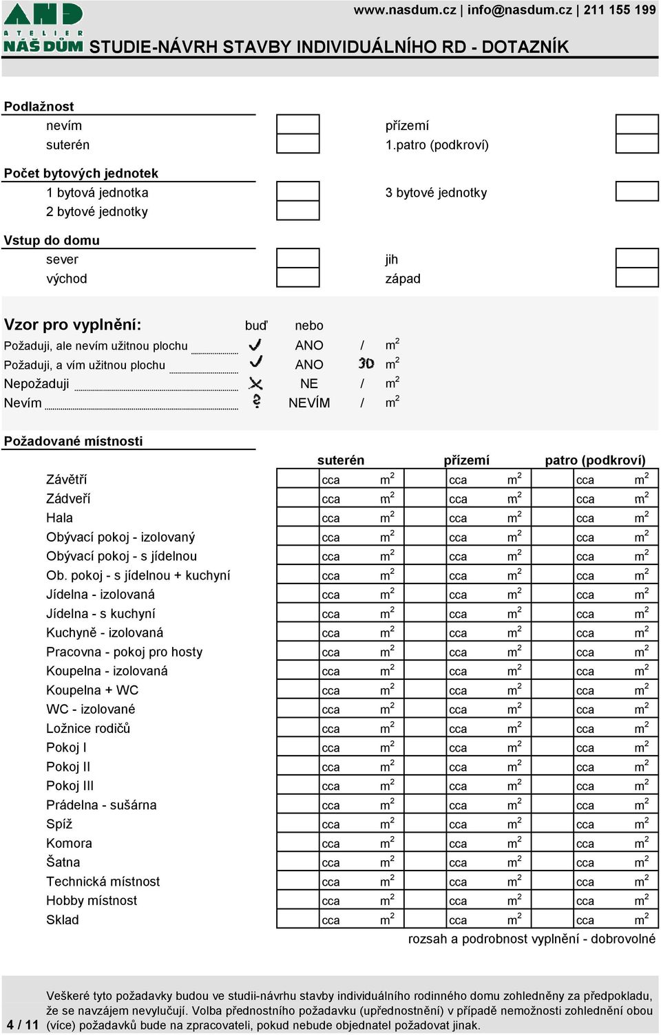 Požaduji, a vím užitnou plochu ANO m 2 Nepožaduji NE / m 2 Nevím NEVÍM / m 2 Požadované místnosti suterén přízemí patro (podkroví) Závětří cca m 2 cca m 2 cca m 2 Zádveří cca m 2 cca m 2 cca m 2 Hala