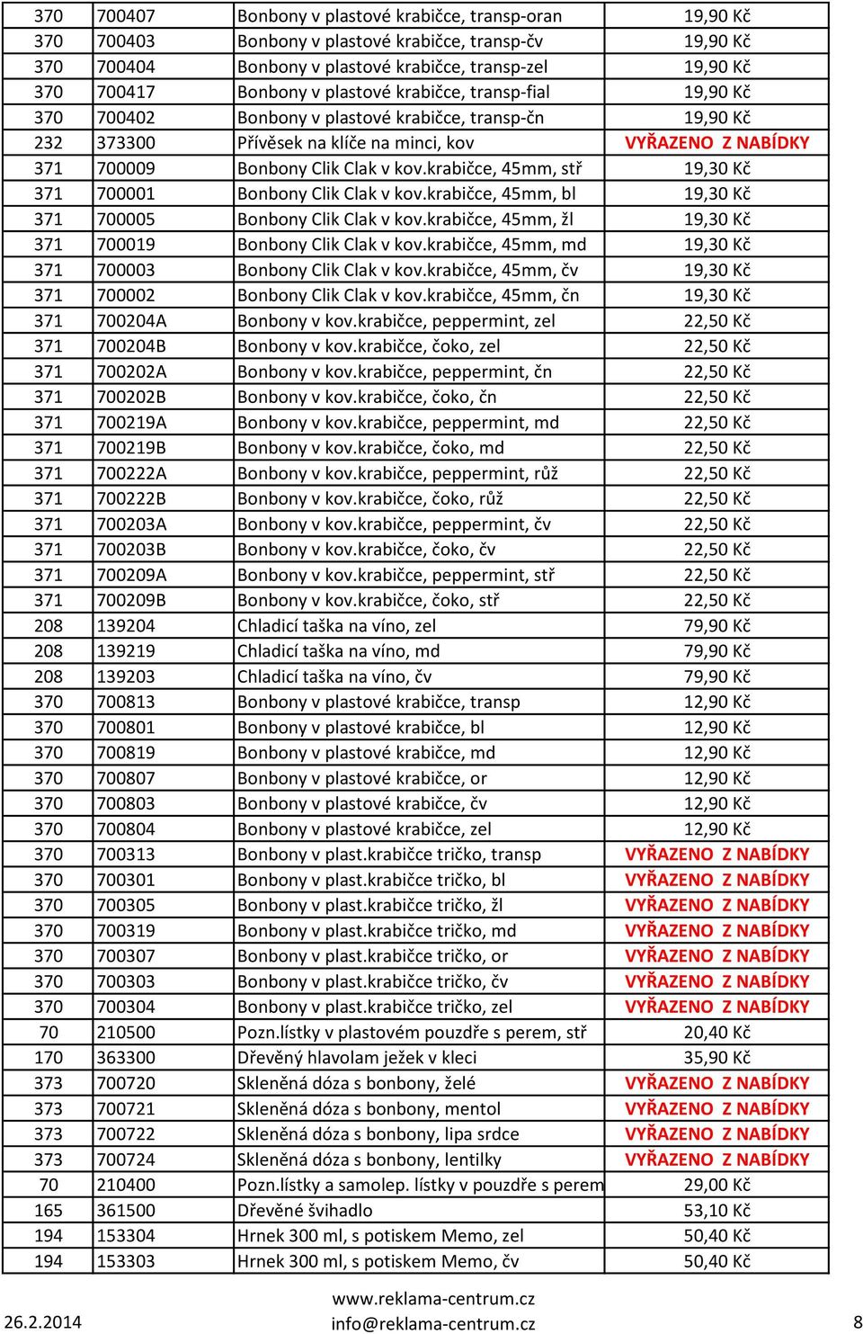 krabičce, 45mm, stř 19,30 Kč 371 700001 Bonbony Clik Clak v kov.krabičce, 45mm, bl 19,30 Kč 371 700005 Bonbony Clik Clak v kov.krabičce, 45mm, žl 19,30 Kč 371 700019 Bonbony Clik Clak v kov.