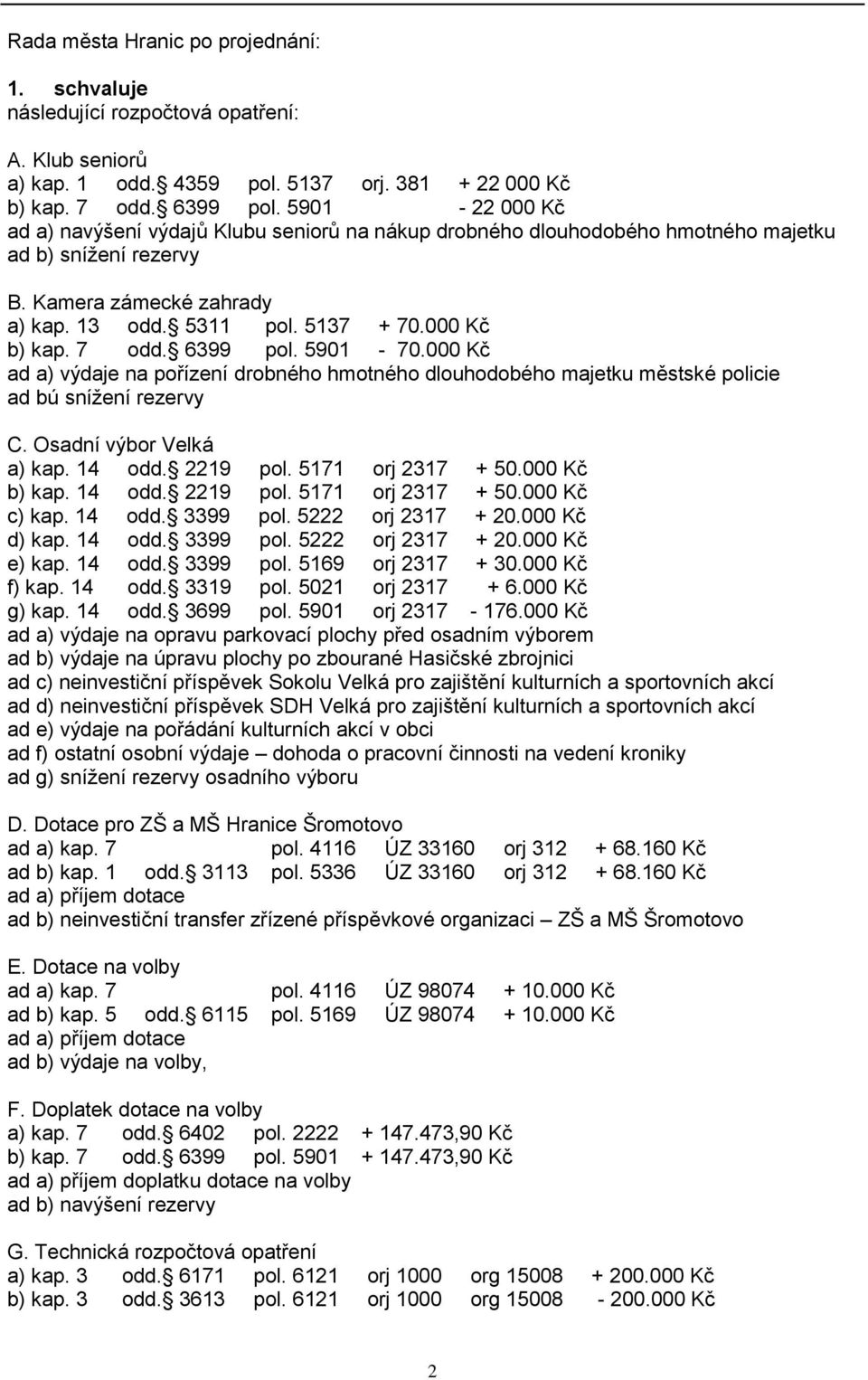 7 odd. 6399 pol. 5901-70.000 Kč ad a) výdaje na pořízení drobného hmotného dlouhodobého majetku městské policie ad bú snížení rezervy C. Osadní výbor Velká a) kap. 14 odd. 2219 pol.