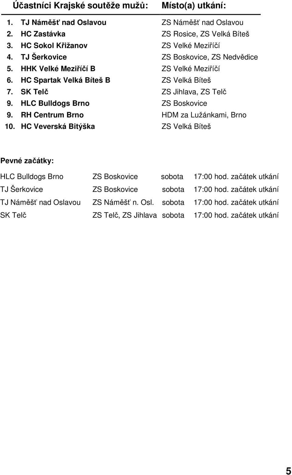 HLC Bulldogs Brno ZS Boskovice 9. RH Centrum Brno HDM za Lužánkami, Brno 10. HC Veverská Bitýška ZS Velká Bíteš Pevné začátky: HLC Bulldogs Brno ZS Boskovice sobota 17:00 hod.