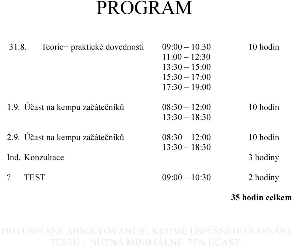 1.9. Účast na kempu začátečníků 08:30 12:00 13:30 18:30 10 hodin 2.9. Účast na kempu začátečníků 08:30 12:00 13:30 18:30 10 hodin Ind.