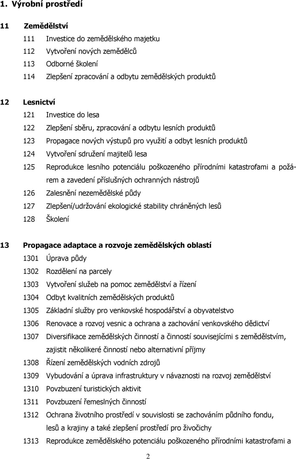 lesního potenciálu poškozeného přírodními katastrofami a požárem a zavedení příslušných ochranných nástrojů 126 Zalesnění nezemědělské půdy 127 Zlepšení/udržování ekologické stability chráněných lesů