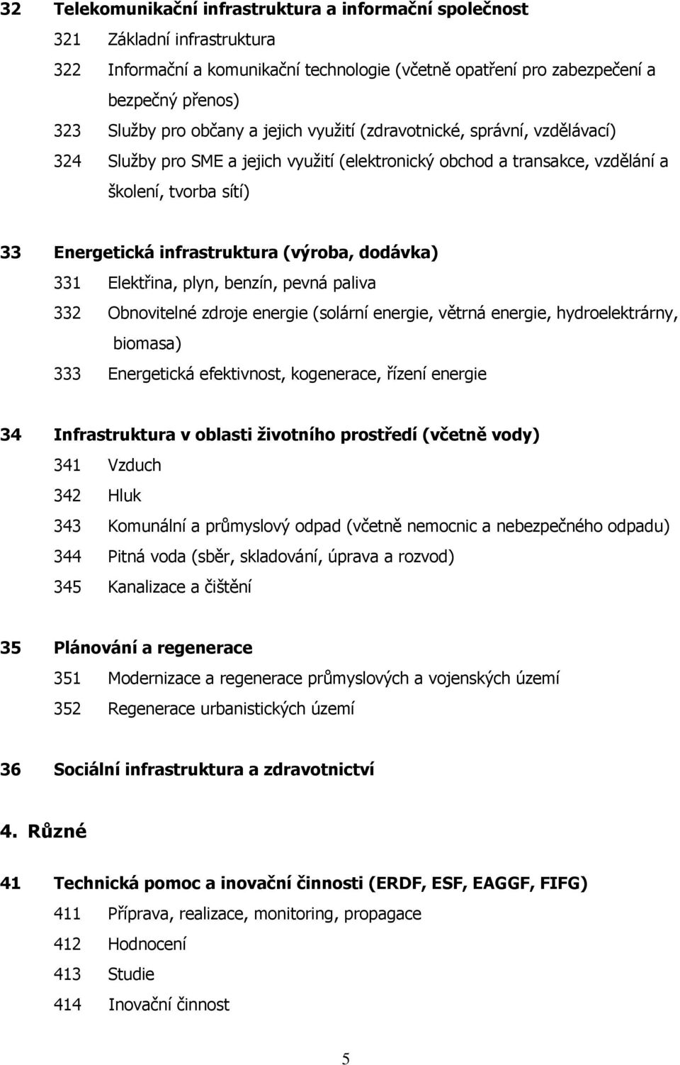 (výroba, dodávka) 331 Elektřina, plyn, benzín, pevná paliva 332 Obnovitelné zdroje energie (solární energie, větrná energie, hydroelektrárny, biomasa) 333 Energetická efektivnost, kogenerace, řízení