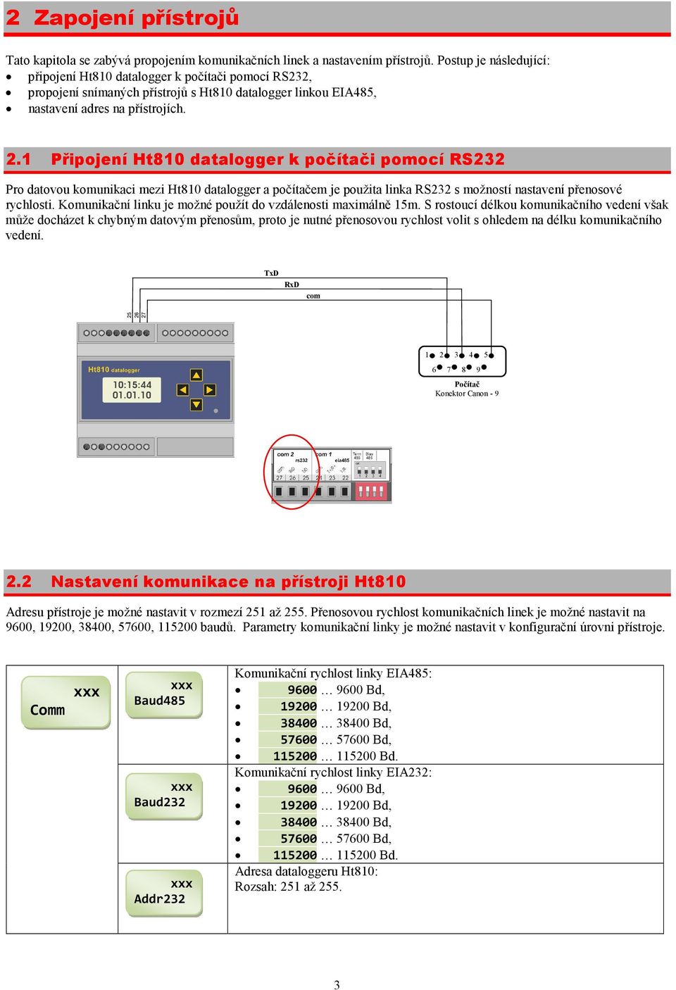 1 Připojení Ht810 datalogger k počítači pomocí RS232 Pro datovou komunikaci mezi Ht810 datalogger a počítačem je použita linka RS232 s možností nastavení přenosové rychlosti.