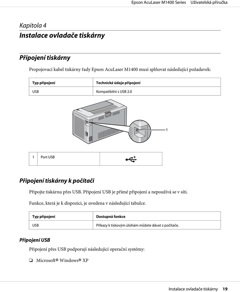 Připojení USB je přímé připojení a nepoužívá se v síti. Funkce, která je k dispozici, je uvedena v následující tabulce.