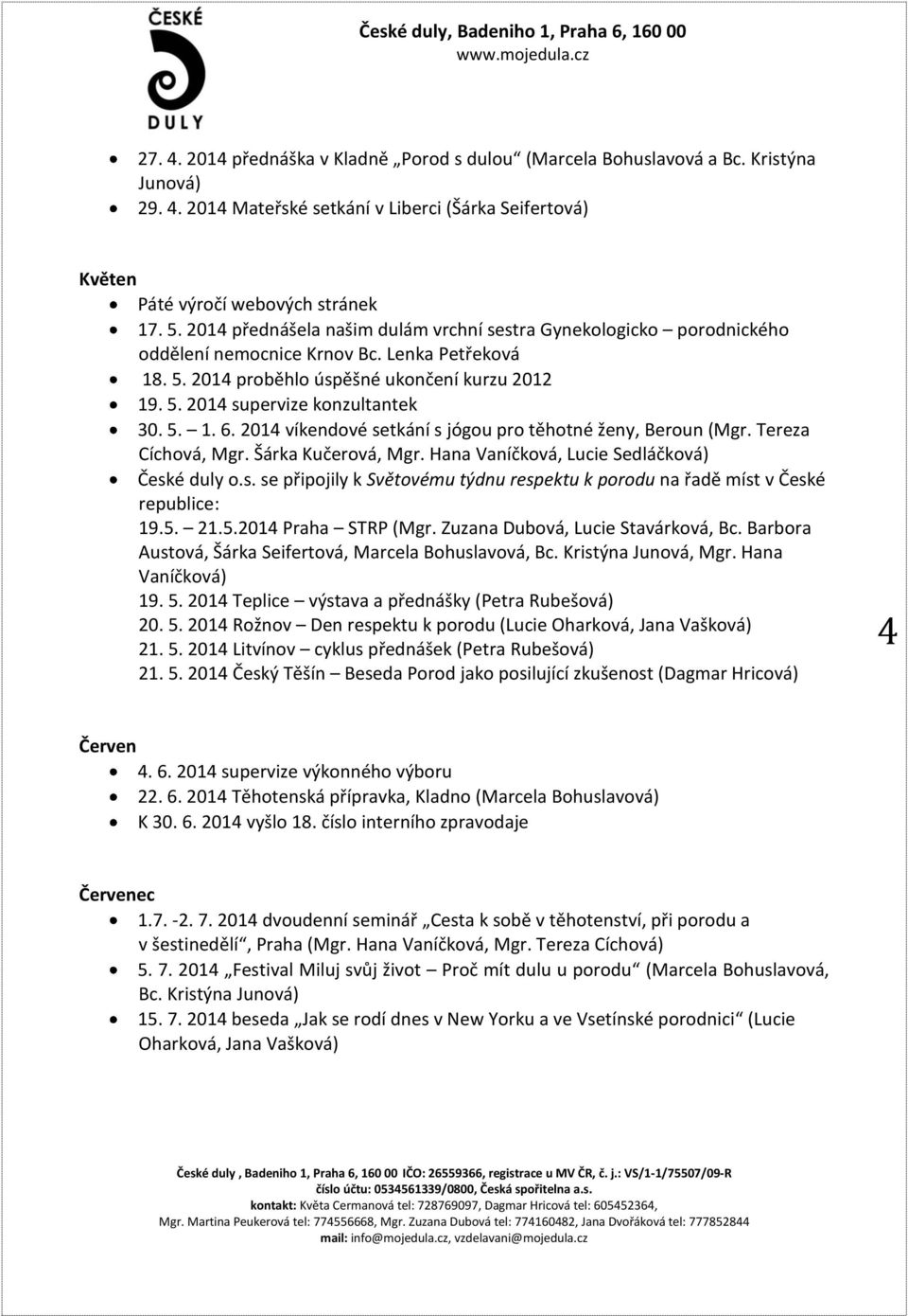 5. 1. 6. 2014 víkendové setkání s jógou pro těhotné ženy, Beroun (Mgr. Tereza Cíchová, Mgr. Šárka Kučerová, Mgr. Hana Vaníčková, Lucie Sedláčková) České duly o.s. se připojily k Světovému týdnu respektu k porodu na řadě míst v České republice: 19.