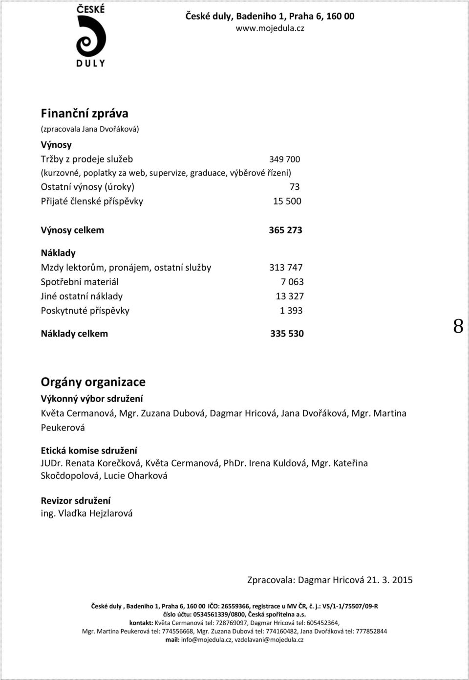 Náklady celkem 335 530 8 Orgány organizace Výkonný výbor sdružení Květa Cermanová, Mgr. Zuzana Dubová, Dagmar Hricová, Jana Dvořáková, Mgr.