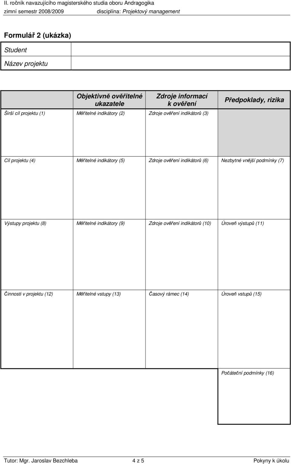 Nezbytné vnější podmínky (7) Výstupy projektu (8) Měřitelné indikátory (9) Zdroje ověření indikátorů (10) Úroveň výstupů (11) Činnosti v