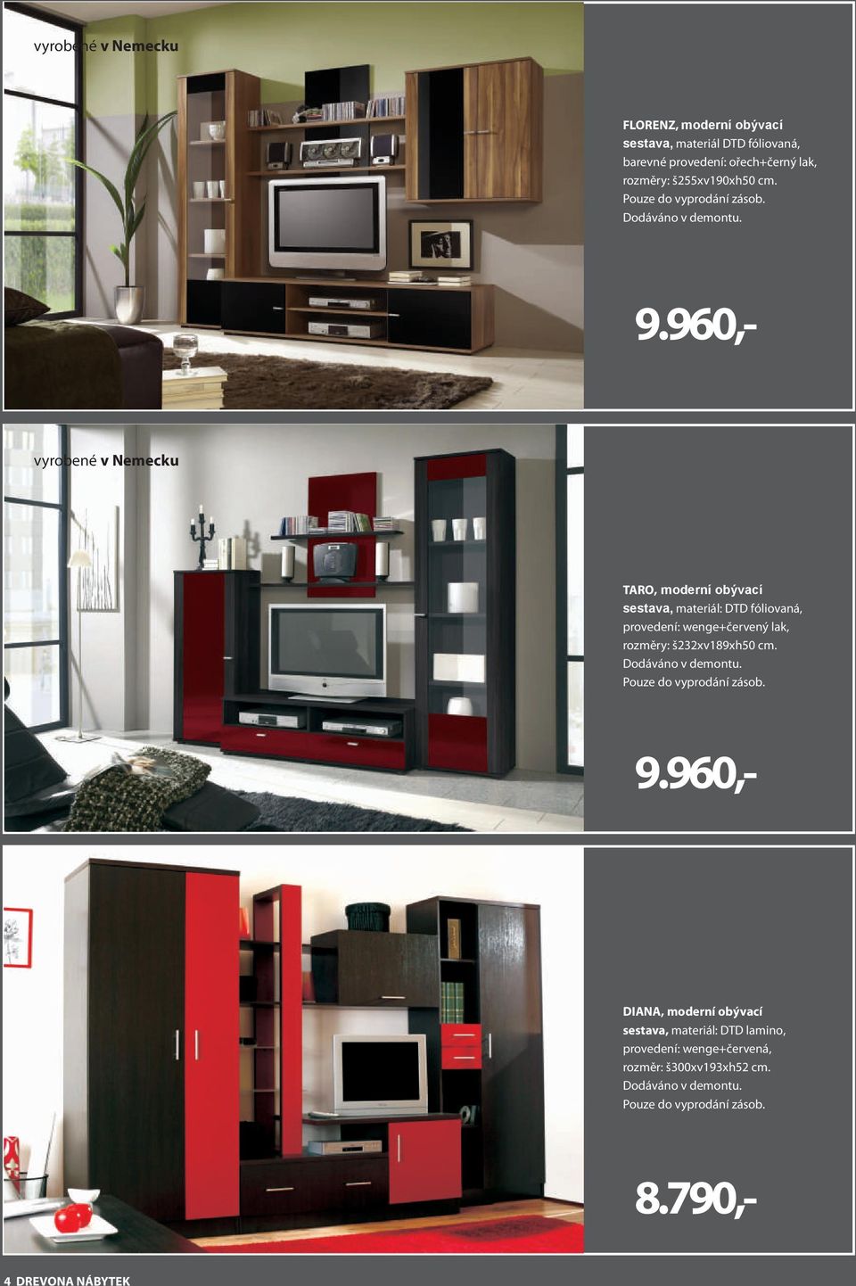 TARO, moderní obývací sestava, materiál: DTD fóliovaná, provedení: wenge+červený lak, rozměry: š232xv189xh50
