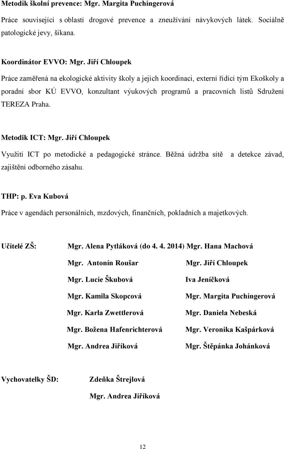 Praha. Metodik ICT: Mgr. Jiří Chloupek Využití ICT po metodické a pedagogické stránce. Běžná údržba sítě zajištění odborného zásahu. a detekce závad, THP: p.