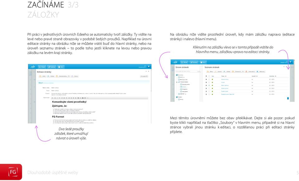 stránky. Na obrázku níže vidíte prostřední úroveň, kdy mám záložku napravo (editace stránky) i nalevo (hlavní menu).