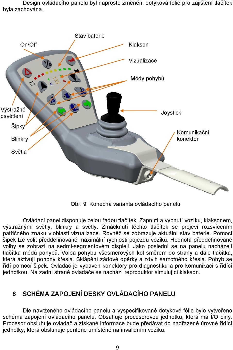 9: Konečná varianta ovládacího panelu Ovládací panel disponuje celou řadou tlačítek. Zapnutí a vypnutí vozíku, klaksonem, výstražnými světly, blinkry a světly.