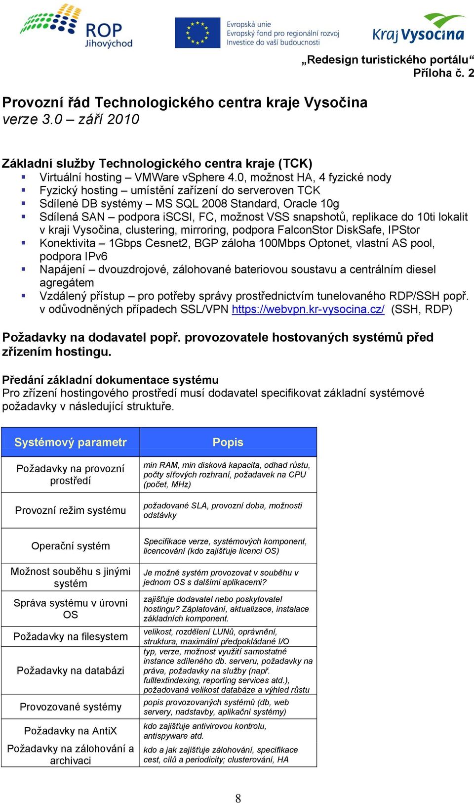 do 10ti lokalit v kraji Vysočina, clustering, mirroring, podpora FalconStor DiskSafe, IPStor Konektivita 1Gbps Cesnet2, BGP záloha 100Mbps Optonet, vlastní AS pool, podpora IPv6 Napájení