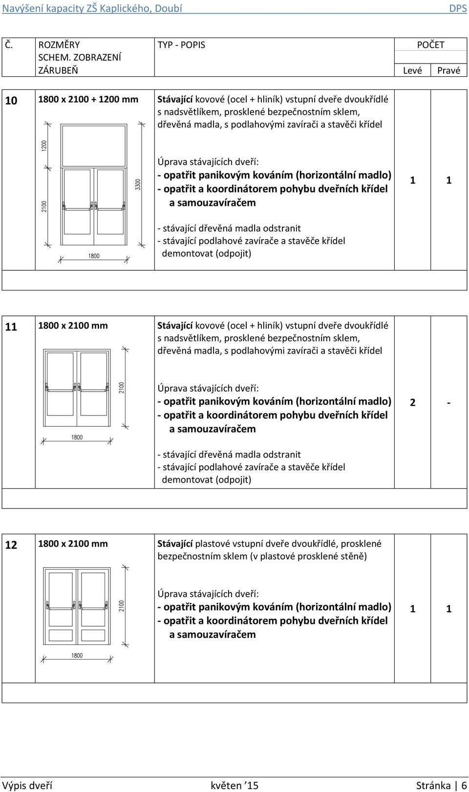 demontovat (odpojit) 11 1800 x 2100 mm Stávající kovové (ocel + hliník) vstupní dveře dvoukřídlé s nadsvětlíkem, prosklené bezpečnostním sklem, dřevěná madla, s podlahovými zavírači a stavěči křídel