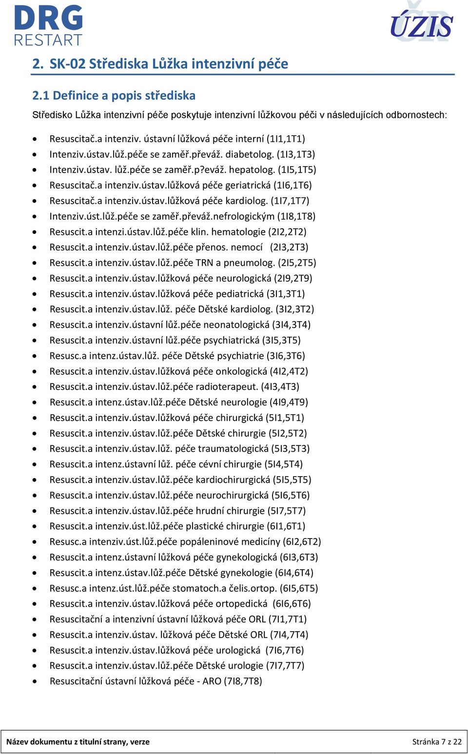 a intenziv.ústav.lůžková péče kardiolog. (1I7,1T7) Intenziv.úst.lůž.péče se zaměř.převáž.nefrologickým (1I8,1T8) Resuscit.a intenzi.ústav.lůž.péče klin. hematologie (2I2,2T2) Resuscit.a intenziv.ústav.lůž.péče přenos.