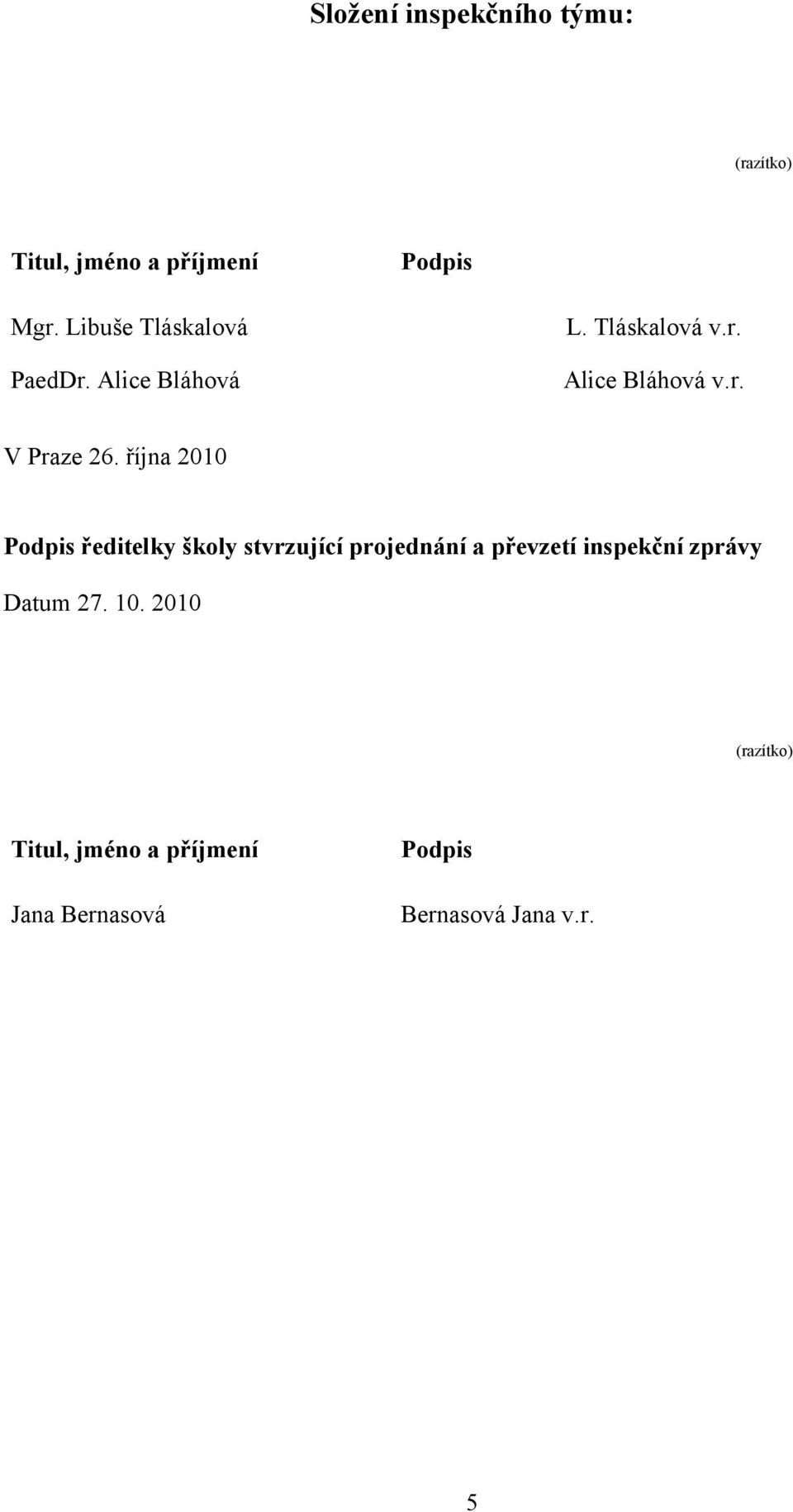 října 2010 Podpis ředitelky školy stvrzující projednání a převzetí inspekční zprávy