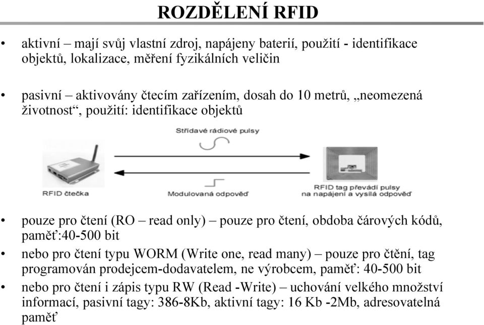 čárových kódů, paměť:40-500 bit nebo pro čtení typu WORM (Write one, read many) pouze pro čtění, tag programován prodejcem-dodavatelem, ne výrobcem,