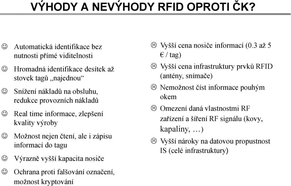 nákladů Real time informace, zlepšení kvality výroby Možnost nejen čtení, ale i zápisu informací do tagu Výrazně vyšší kapacita nosiče Ochrana proti falšování