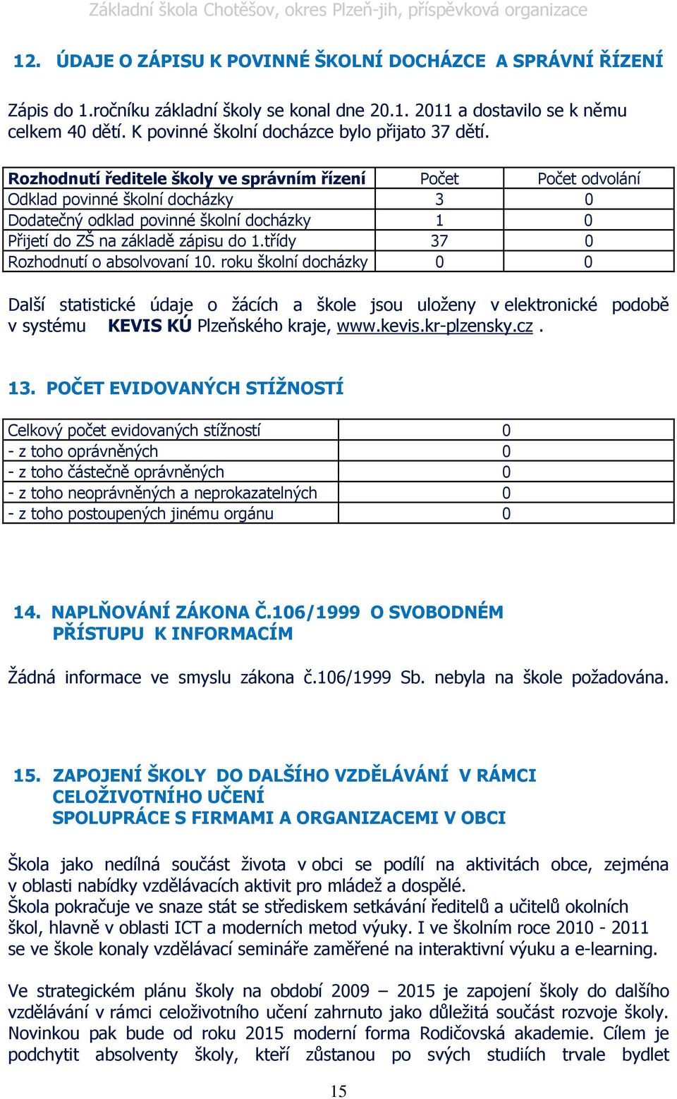 Rozhodnutí ředitele školy ve správním řízení Počet Počet odvolání Odklad povinné školní docházky 3 0 Dodatečný odklad povinné školní docházky 1 0 Přijetí do ZŠ na základě zápisu do 1.